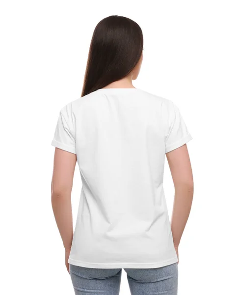 Donna Che Indossa Elegante Shirt Sfondo Bianco Vista Posteriore — Foto Stock