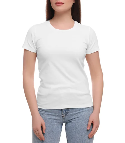 Kvinna Bär Snygg Shirt Vit Bakgrund Närbild — Stockfoto