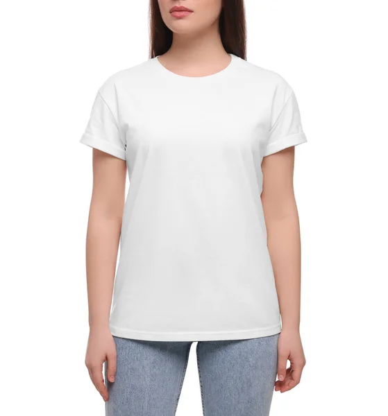 Mulher Vestindo Elegante Camiseta Fundo Branco Close — Fotografia de Stock