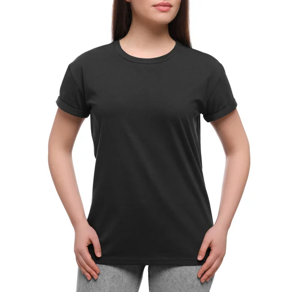 Kvinna Bär Snygg Svart Shirt Vit Bakgrund Närbild — Stockfoto