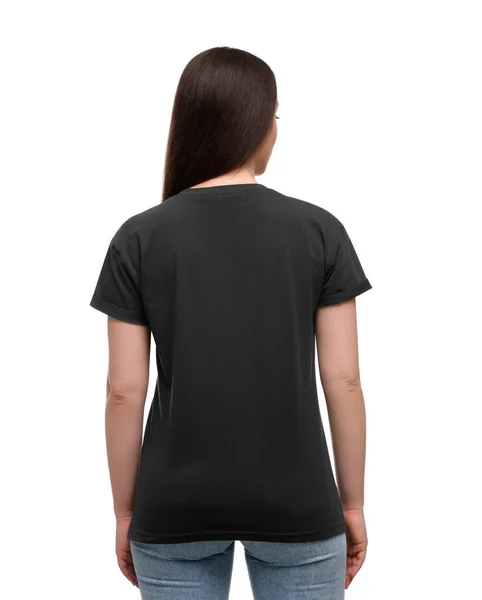 Frau Trägt Stylisches Schwarzes Shirt Auf Weißem Hintergrund Rückseite — Stockfoto