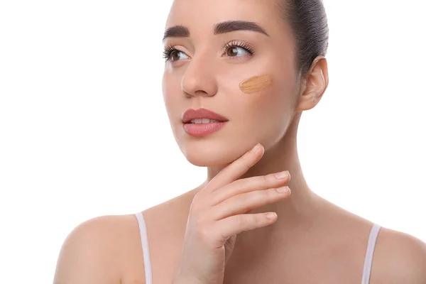 Woman Swatch Foundation Face White Background — Stock Photo, Image