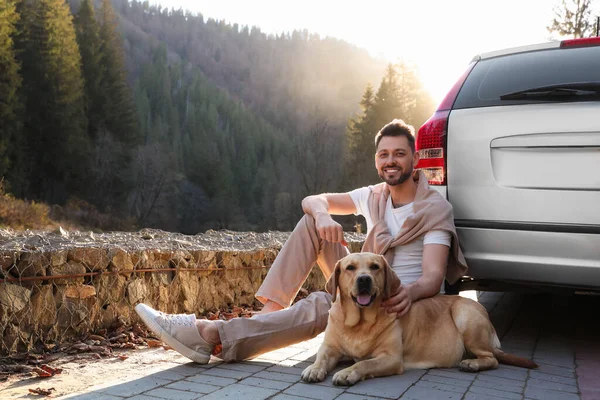 Glücklicher Mann Und Entzückender Hund Der Nähe Von Autos Den — Stockfoto