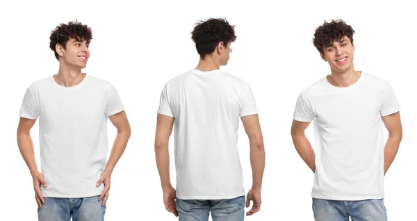 Collage Met Foto Van Mens Stijlvol Shirt Witte Achtergrond Achter — Stockfoto