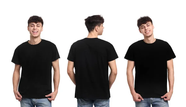 Collage Met Foto Van Mens Zwart Shirt Witte Achtergrond Achter — Stockfoto