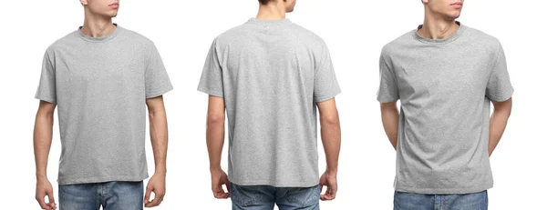 Colagem Com Fotos Homem Camiseta Cinza Sobre Fundo Branco Close — Fotografia de Stock
