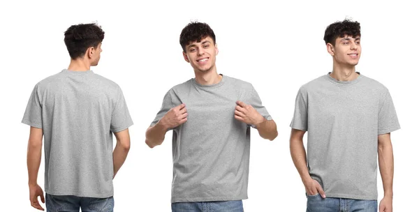 Collage Mit Fotos Von Männern Grauem Shirt Auf Weißem Hintergrund — Stockfoto