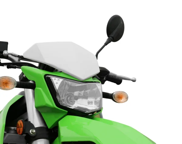 Snygg Grön Cross Motorcykel Vit Bakgrund Närbild — Stockfoto