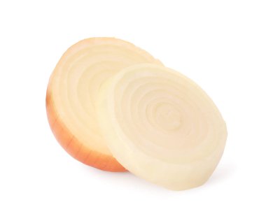 Pieces of fresh onion on white background