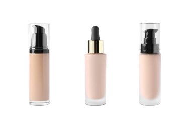 Beyaz arkaplanda deri fondöten şişeleriyle kolaj