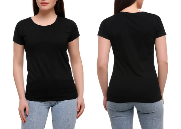Mujer Con Camiseta Negra Casual Sobre Fondo Blanco Primer Plano — Foto de Stock
