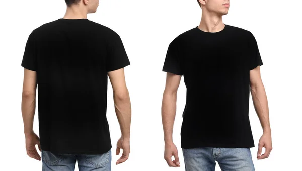 Collage Met Foto Van Mens Zwart Shirt Witte Achtergrond Close — Stockfoto