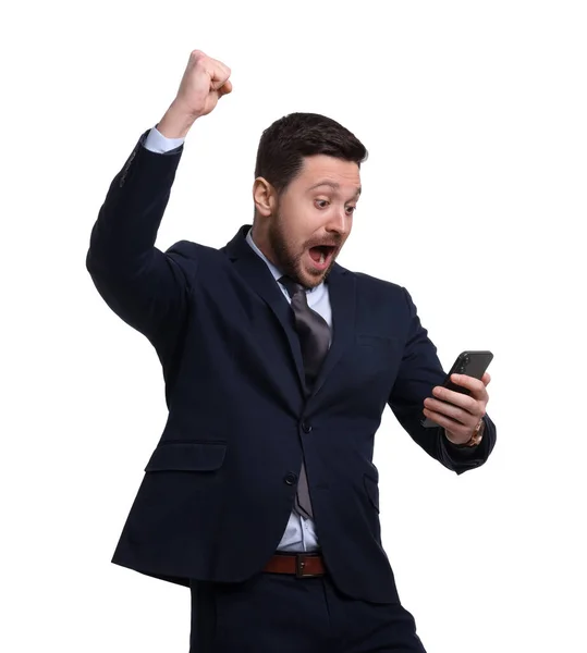 Stilig Skäggig Affärsman Kostym Med Smartphone Vit Bakgrund — Stockfoto