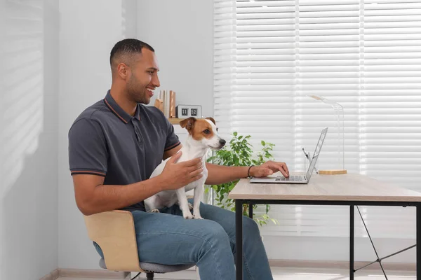 Joven Con Jack Russell Terrier Trabajando Escritorio Oficina Casa — Foto de Stock