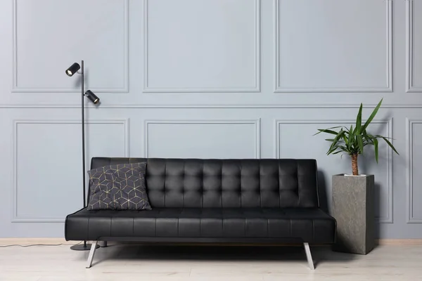 有舒适的皮革沙发和漂亮的室内植物的时髦房间 — 图库照片
