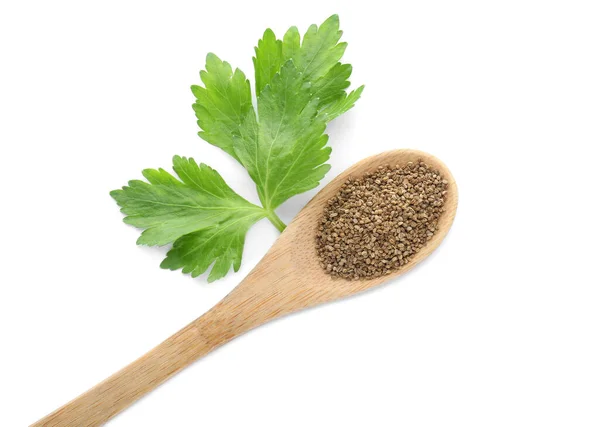 Spoon Celery Seeds Fresh Plant Isolated White Top View — Stock Photo, Image