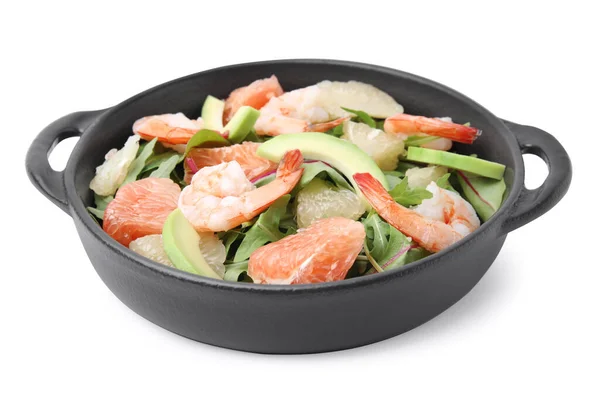 Delicious Pomelo Salad Shrimps Serving Pan Isolated White — Stock Photo, Image