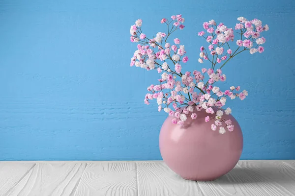 Beautiful dyed gypsophila flowers in pink vase on white wooden table against light blue background. Space for text