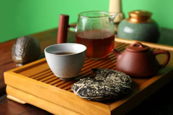 Traditional Tea Ceremony Arrangement Wooden Table Closeup — Stock Photo, Image