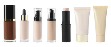 Beyaz arkaplanda farklı cilt temellerine sahip kolaj