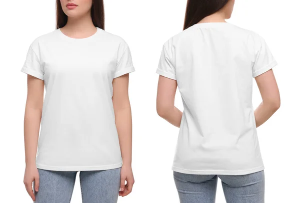 Mujer Con Camiseta Casual Sobre Fondo Blanco Primer Plano Collage — Foto de Stock