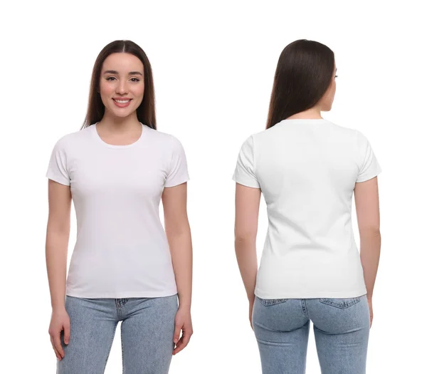 Mujer Con Camiseta Casual Sobre Fondo Blanco Maqueta Diseño Collage — Foto de Stock