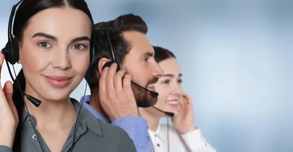 Hotline Operators Headsets Office Space Text Banner Design — Stock Photo, Image