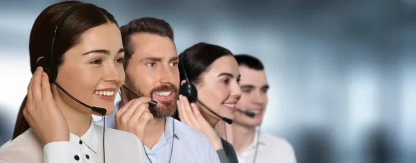 Hotline Operators Headsets Office Space Text Banner Design — Stock Photo, Image