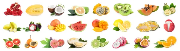 Collage Med Många Färska Exotiska Frukter Vit Bakgrund — Stockfoto