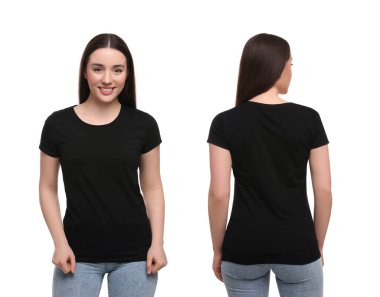 Beyaz arka planda günlük siyah tişört giyen bir kadın, tasarım için model. Arkası ve öngörünümü fotoğraflı kolaj