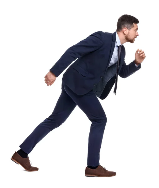 Όμορφος Γενειοφόρος Επιχειρηματίας Κοστούμι Τρέχει Λευκό Φόντο — Φωτογραφία Αρχείου