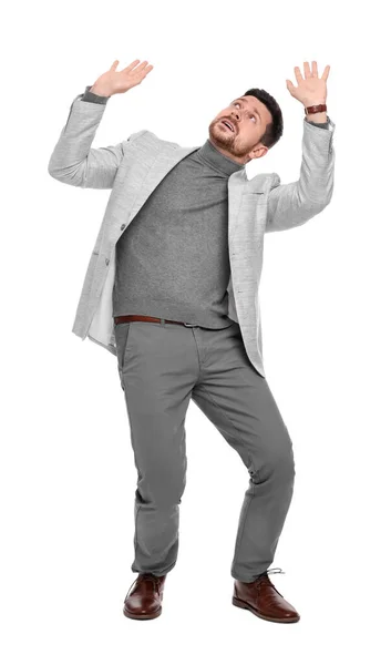Emotionaler Bärtiger Geschäftsmann Anzug Weicht Etwas Auf Weißem Hintergrund Aus — Stockfoto