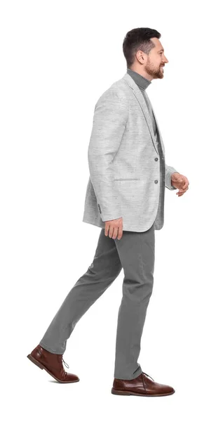 Handsome Bearded Businessman Walking White Background — Stock Photo, Image