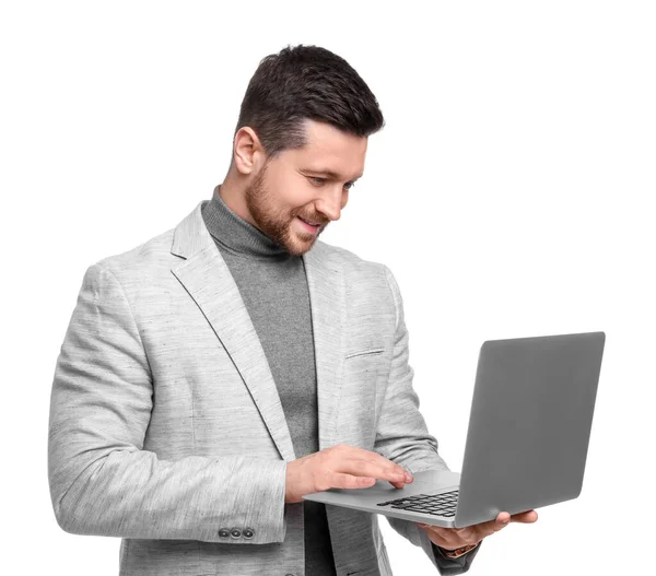 Schöner Bärtiger Geschäftsmann Mit Laptop Auf Weißem Hintergrund — Stockfoto