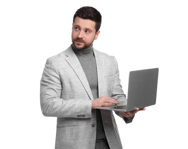 Schöner Bärtiger Geschäftsmann Mit Laptop Auf Weißem Hintergrund — Stockfoto