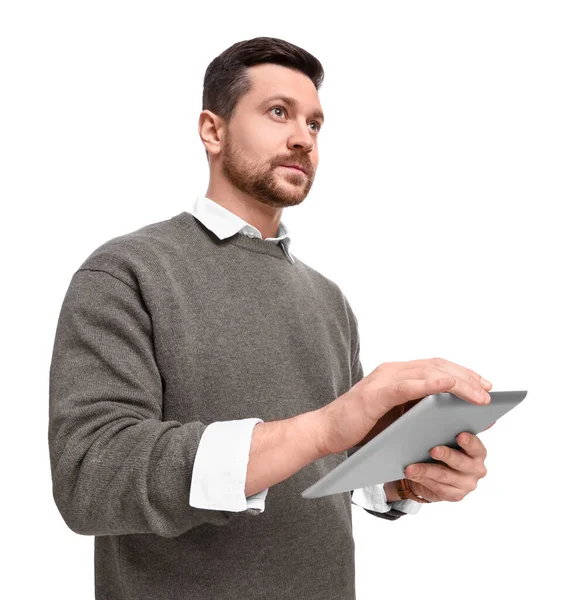 Bonito Homem Negócios Barbudo Usando Tablet Fundo Branco Visão Baixo — Fotografia de Stock