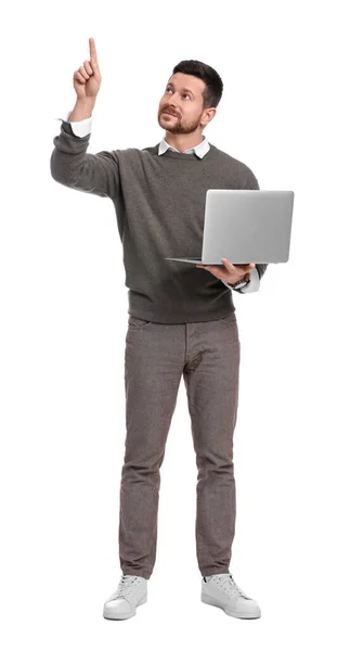 Handsome Bearded Businessman Laptop Pointing Something White Background — Stock Photo, Image