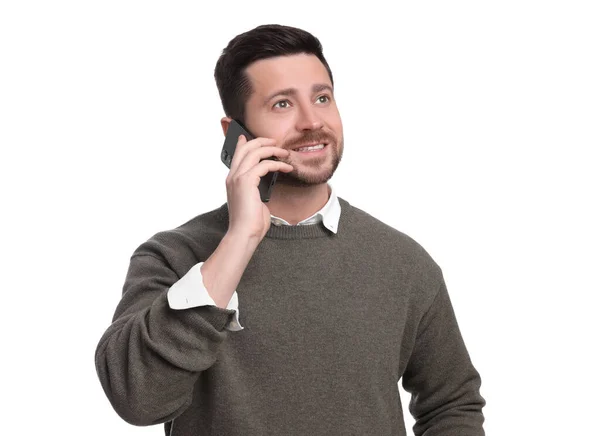 수염을 사업가가 스마트폰으로 백인들의 배경에 이야기하는 — 스톡 사진