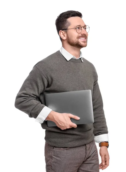 Bonito Empresário Barbudo Com Laptop Fundo Branco — Fotografia de Stock