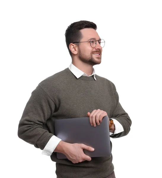 白い背景にノートパソコンを持つハンサムな髭のビジネスマン — ストック写真