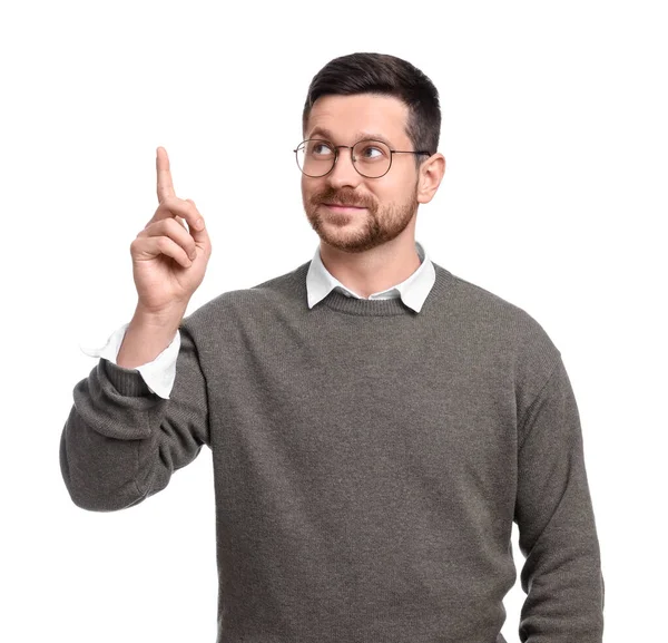 Portrait Handsome Bearded Businessman Eyeglasses Gesturing White Background — Stock Photo, Image