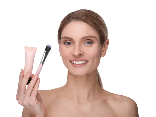 Woman Holding Makeup Brush Tube Foundation White Background — Stock Photo, Image