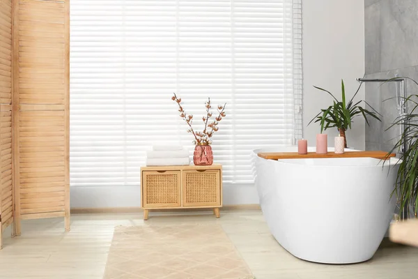Interior Elegante Banheiro Com Bela Banheira Plantas Sala Elementos Decoração — Fotografia de Stock