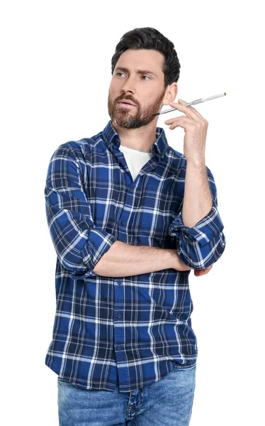 Muž Používající Dlouhý Držák Cigarety Pro Kouření Izolované Bílém — Stock fotografie