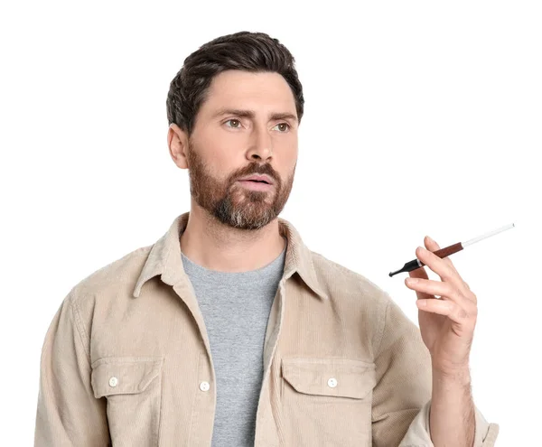 Homem Usando Suporte Cigarro Para Fumar Isolado Branco — Fotografia de Stock