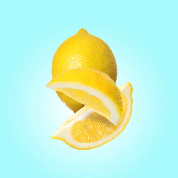 Fresh Lemons Falling Light Blue Background — Stock Photo, Image