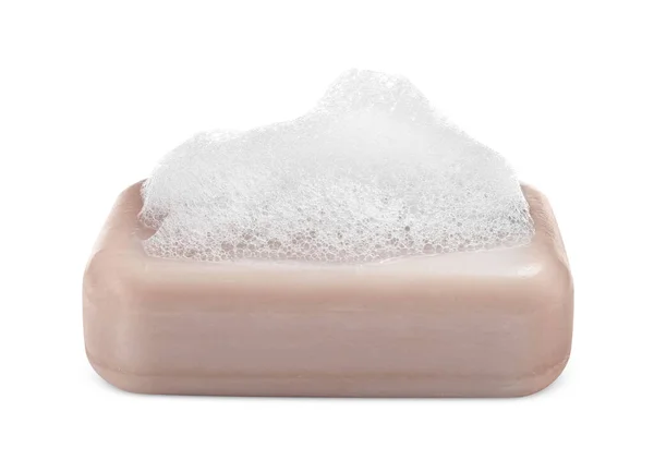 Soap Bar Fluffy Foam White Background — Stock Photo, Image