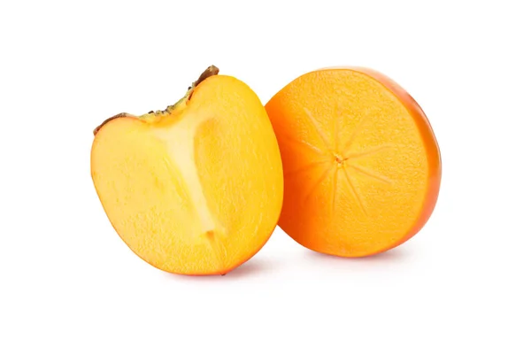 Halves Delicious Ripe Juicy Persimmons White Background — Stock Photo, Image