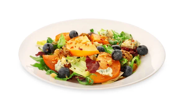 Lækker Persimmon Salat Med Blåbær Arugula Isoleret Hvid - Stock-foto