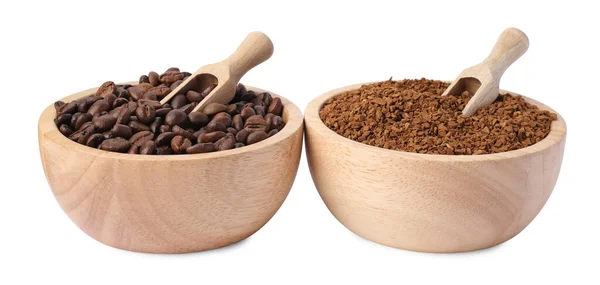 Schalen Met Instant Koffie Gebrande Bonen Witte Achtergrond — Stockfoto